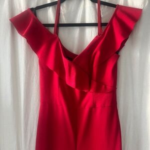 Iz Byer Cold Shoulder Ruffle Wide Leg Jumpsuit Red Small